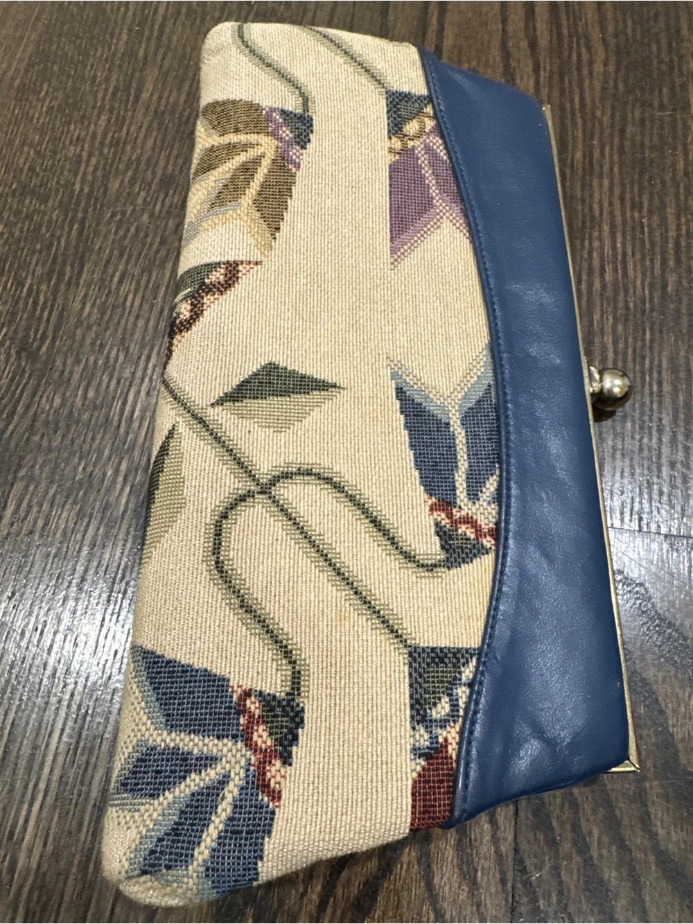 Vintage Floral Tapestry & Blue Leather Clutch Purse